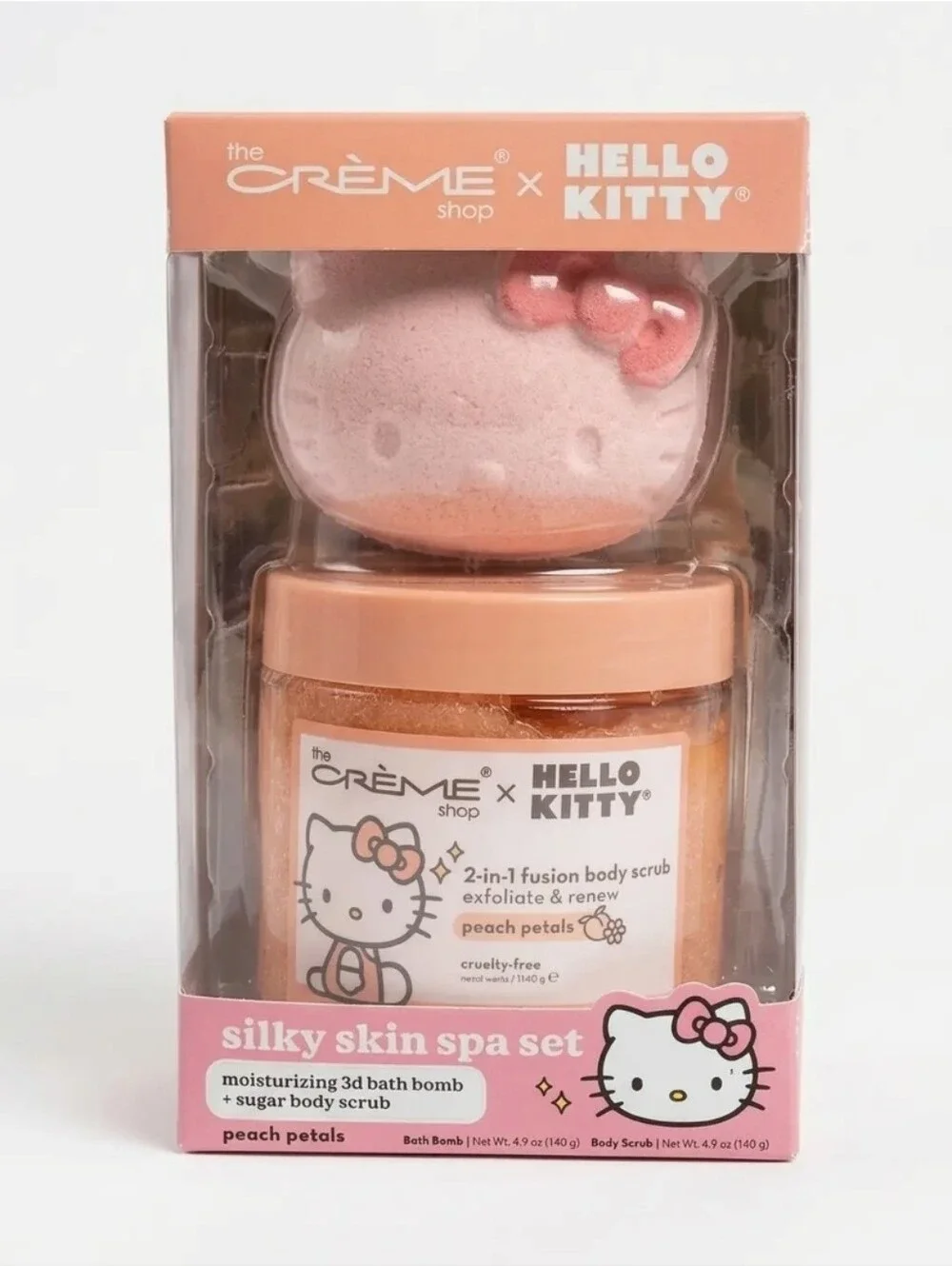 The Creme Shop Hello Kitty Peach Petals SPA SET Bath Bomb & Body Scrub NIB